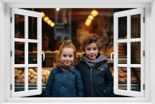 Two happy kids standing in front of bakery