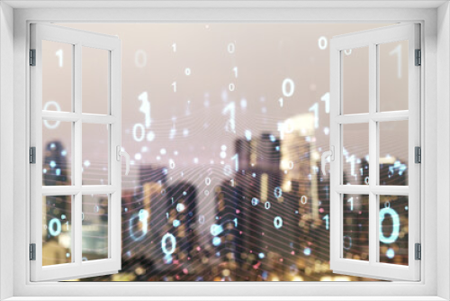 Abstract virtual binary code illustration on blurry skyline background. Big data and coding concept. Multiexposure