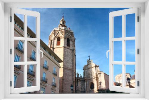 Fototapeta Naklejka Na Ścianę Okno 3D - Metropolitan Cathedral and Micalet Tower at Plaza de la Reina in  Valencia, Spain 