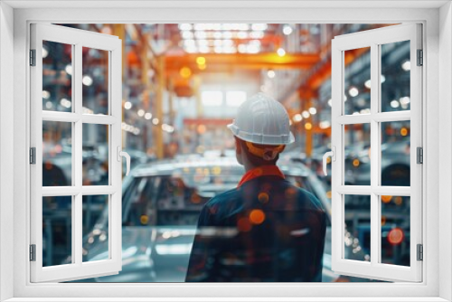 A male engineer wearing a safety helmet in a workshop at an automobile factory, back view. The double exposure emphasizes the complex high-tech production.
