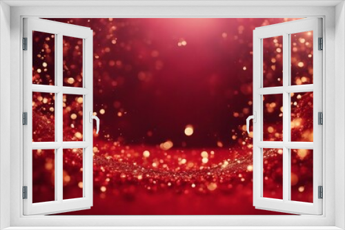 Red liquid with tints of golden glitters Red background with a scattering of gold sparkles