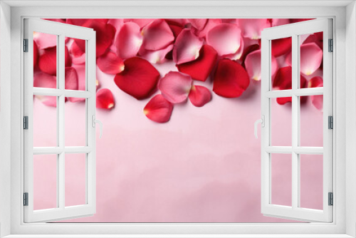 Red rose petals on pink background with copy space, closeup.