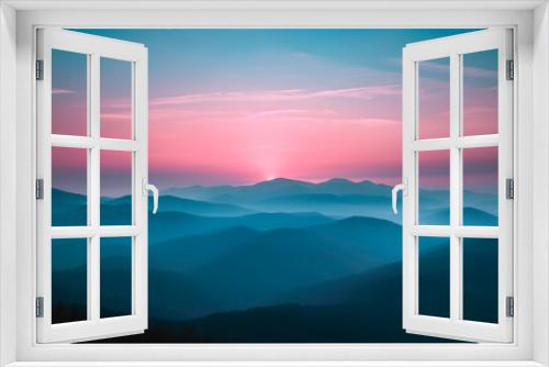 A mountain range, with neon-pink and pastel blue hues in the background, during a mystic dawn, reflecting the Psychic Waves theme of escapism and surrealism