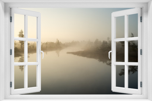 Fototapeta Naklejka Na Ścianę Okno 3D - Beautiful tranquil landscape of misty swamp lake