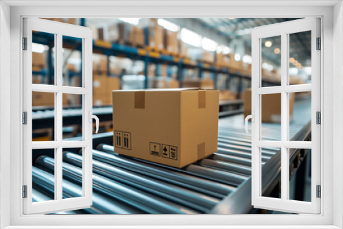 Ecommerce package in a logistics warehouse on conveyer belt. Business concept. 