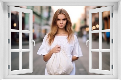 Girl in white t-shirt holding canvas bag for blank mockup template isolated on city background.