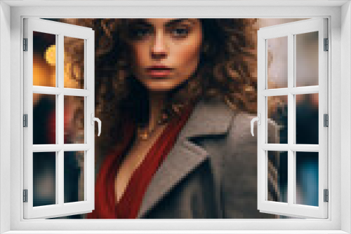 a potrait of a stylish beautiful French woman. The women have curly hair. The woman is wearing a coat. The woman is walking on the city of paris