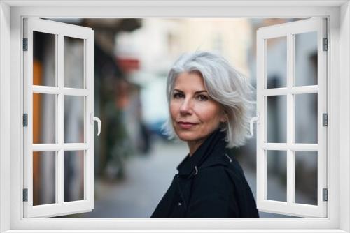 Attractive smiling white haired mature woman posing in a city street looking at the camera