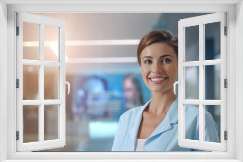 The essence of dental care - a radiant woman showcasing her beautiful and healthy smile, with a background of a modern dental clinic