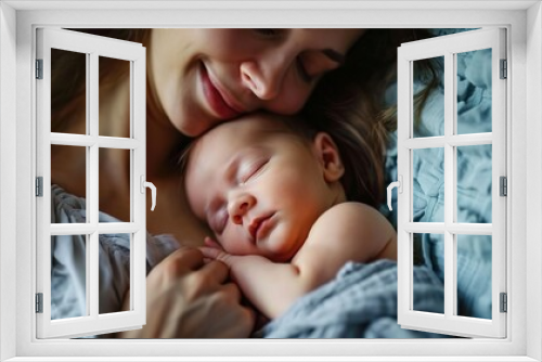 Close up of happy young me mother hugging little newborn baby, loving smiling mother enjoying tender family moment, motherhood, childcare concept