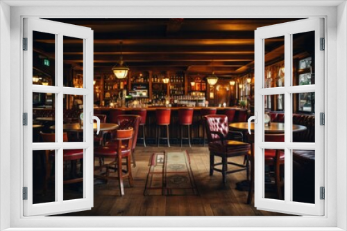 Interior of a traditional pub with wooden tables and red leather seats, offering a cozy and vintage atmosphere