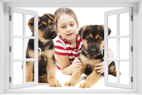 Fototapeta Naklejka Na Ścianę Okno 3D - girl and German Shepherd puppy