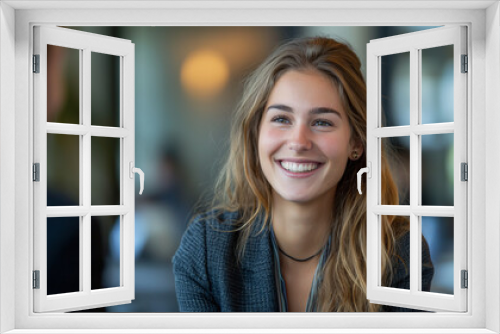 Young Woman in Business Dress at Job Interview, Smiling in Professional Office Setting, Positive Interaction with HR, Successful Meeting and Agreement in Formal Meeting Room