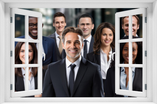 Business, people and teamwork concept - group of smiling businesspeople over office background