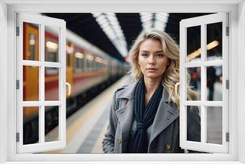 A woman with blonde hair and a gray coat is standing on a train platform