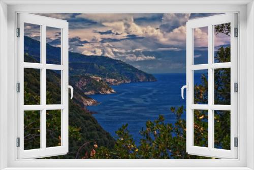 Fototapeta Naklejka Na Ścianę Okno 3D - Cinque Terre Mediterranean Sea views along town hiking trail Italian Riviera coastline. Liguria, Italy, Europe. 2023 Summer. 