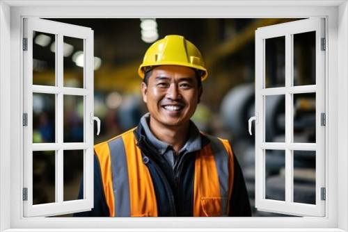 Portrait of a smiling Asian man wearing a hard hat and safety vest in a factory