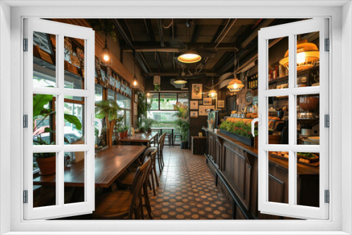 Modern interior of a coffee shop with a loft style in dark colors and a lot of plants. Coffee shop. Business concept.