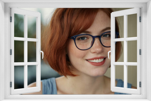 Young Charisma: Freckled Redhead Smiling in Soft Light with Bob-Cut and Glasses