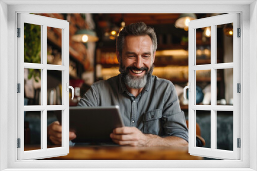 Smiling mature man using tablet pc in cafe