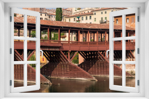 Fototapeta Naklejka Na Ścianę Okno 3D - Scorcio di Bassano del grappa con fiume ponte e palazzi