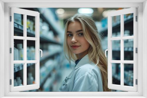 Stylish young pharmacist in a white coat providing medical services professionally and attentively.