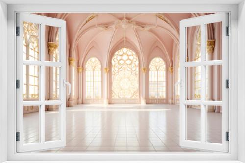 Luxury Interior of a royal palace with arches and columns, 3d render, classic and minimal style, big space with no people