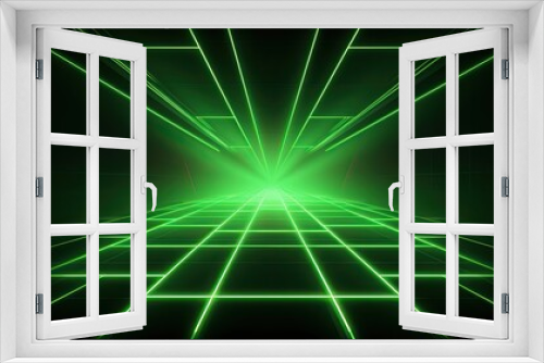 Abstract neon light geometric background. Glowing neon lines. Empty futuristic stage laser. Green rectangular laser lines. Square tunnel. Night club empty room.