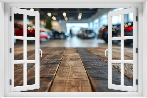 Wooden Table Foreground, Blurred Showroom Car Dealership Setting Background