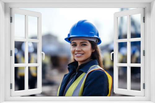 engineer woman in blue helmet, work clothes on construction site, blurred background