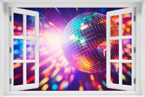 Vibrant nightclub scene with a glowing disco ball, colorful lights, and dancing crowd.