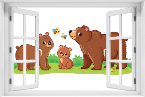 Fototapeta Naklejka Na Ścianę Okno 3D - Cute family of bears stands in a green meadow on a white background. Vector illustration with cute forest animals. The bear cub with its Mom and Dad.