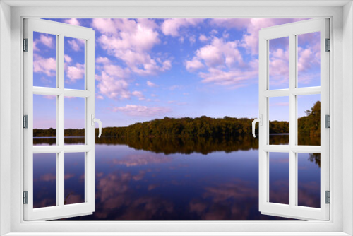 Fototapeta Naklejka Na Ścianę Okno 3D - Lake, forest and blue sky in burgundy. Landscape.