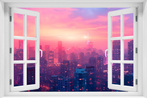 A city skyline, with gradient neon lights and pastel skies, during a dream-like evening, reflecting the Psychic Waves aesthetic of experimentation and wellness