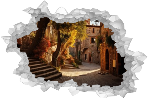 A scenic cobblestone street with steps that ascend to a magnificent tree, An old, winding, cobblestone street in a small Italian town, AI Generated