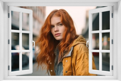 Portrait of a beautiful red-haired girl in a yellow jacket.