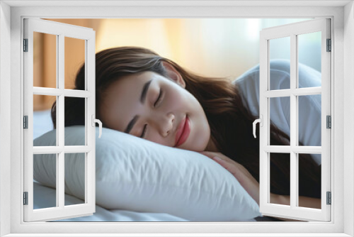 Healthy sleep on comfortable pillow. Healthy relaxation of Asian lady