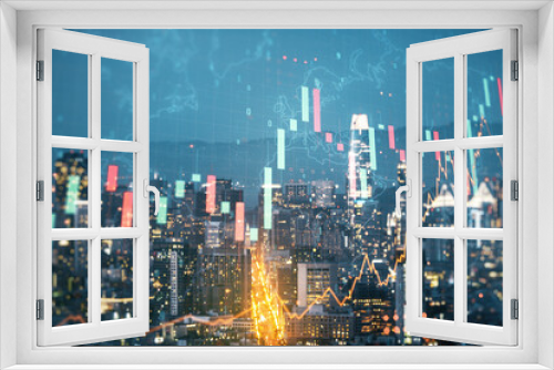 Fototapeta Naklejka Na Ścianę Okno 3D - Multi exposure of virtual creative financial graph and world map on San Francisco city skyline background, forex and investment concept