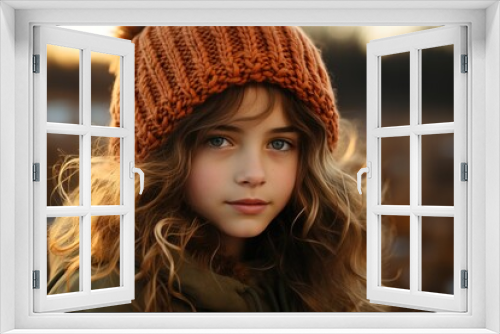 A young woman with a cozy knit cap sits outdoors, her hair peeking out from under the bonnet as she embraces the winter chill in style