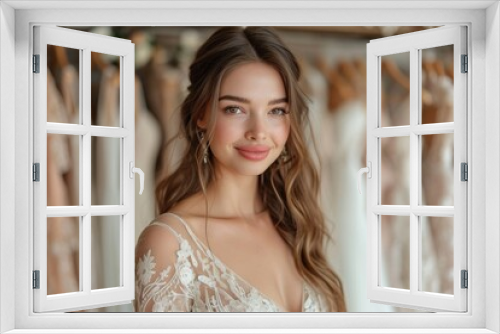 young woman trying on a wedding dress