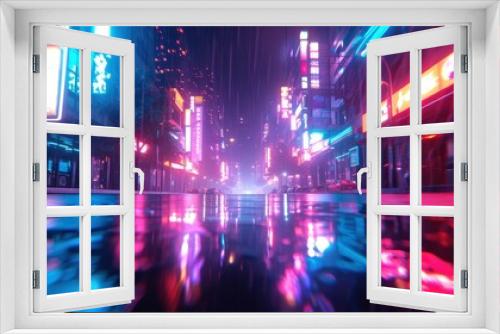 Photorealistic 3d illustration of the futuristic city in the style of cyberpunk. Empty street with neon lights. Beautiful night cityscape