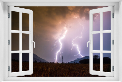 Fototapeta Naklejka Na Ścianę Okno 3D - Witness the power of nature as a spectacular lightning storm illuminates the vast corn field.