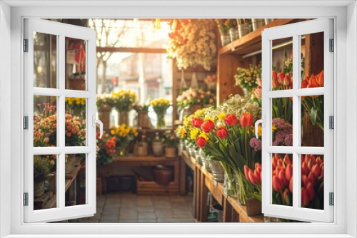Fototapeta Naklejka Na Ścianę Okno 3D - Cozy flower shop interior with tulips on display, inviting for Valentine's Day bouquet selections and Women's Day floral arrangements.