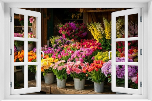 Fototapeta Naklejka Na Ścianę Okno 3D - Assorted fresh flowers in buckets, ideal for Women's Day celebration decorations and springtime event planning themes.