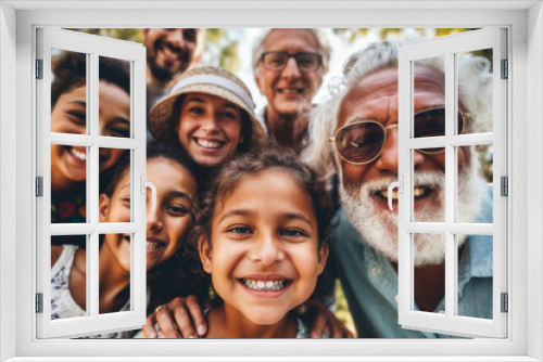 Diverse group of people smiling in joy in the park, a unique crowd, ethnic diversity, different cultures, family, multicultural friends, cultural mixing pot, professional portrait photo
