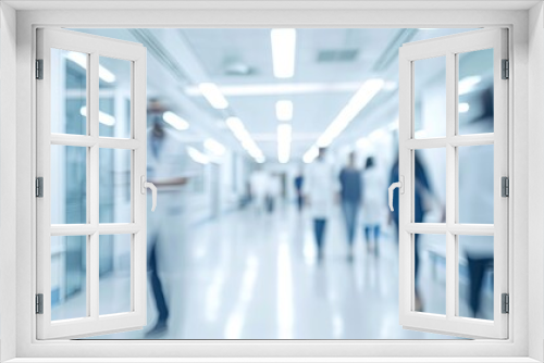 Blurred modern hospital people in white glass modern hospital background.