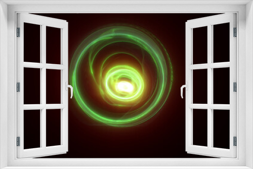 Fototapeta Naklejka Na Ścianę Okno 3D - Abstract green rings spheres from energy magic waves of smoke circles and glowing lines on a black background