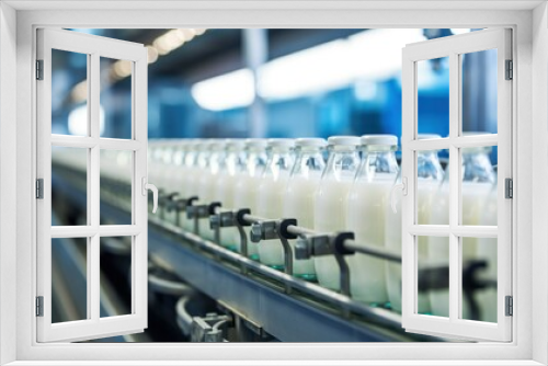 milk glass production at the factory. ribbon with moving bottles filled with milk. concept: dairy products, production, protein, kefir, fermented baked milk