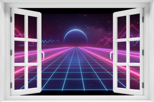  Neon colors vaporwave futuristic background. Step into a mesmerizing world of virtual, Vector cyberpunk illustration with purple grid floor. moon lite, sun lite,