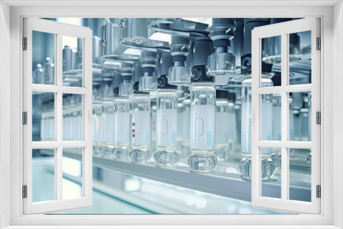 a medical ampoule production line within a state-of-the-art pharmaceutical factory, the intricate details of the medication manufacturing process in a modern setting.
